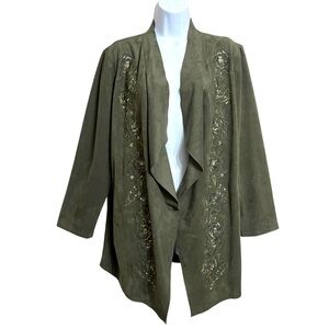 Chicos Womens Embroidered Faux Suede Open Jacket  L Green Draped Floral Office